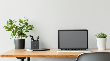 A minimalist desk with a laptop, a stylish chair, and a small potted plant, all against a white background.
