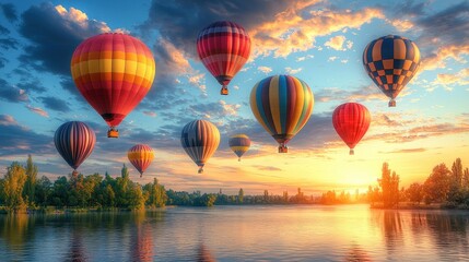 Fototapeta premium Colorful hot air balloons soaring over a serene lake at sunset, reflecting vibrant hues