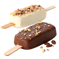 . Ice cream in a glaze of white chocolate and in a glaze of milk chocolate and nuts on wooden sticks. Isolate on white background
