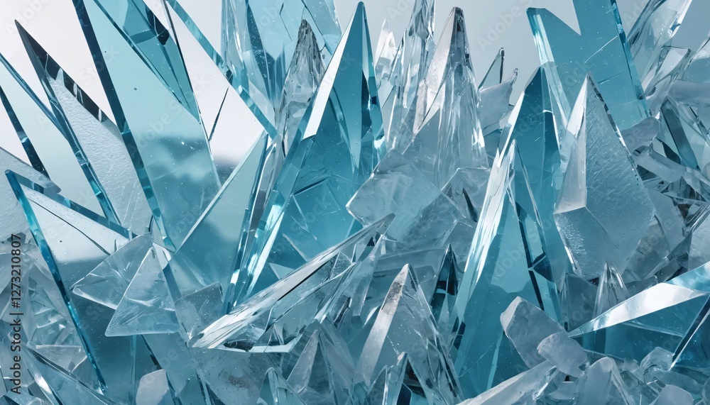 Aufkleber Translucent Blue Crystal Structures. Shimmering Light Reflects on Angular Shapes. A Dynamic Arrangement of Jagged, Pointed Pieces. Evokes Beauty, Fragility, Geological Formations. Visual