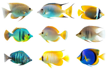 Fototapeta premium Collection of tropical ocean bright fish isolated on background, marine life with colorful fishes, aquarium underwater world concept.