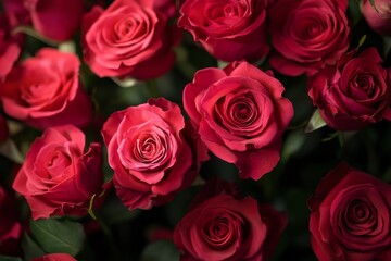 Naklejka premium Close-up of many deep red roses, bouquet, celebration, romantic