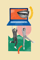Poster image vertical photo collage of two happy girl guy jump laptop broadcast fake news...