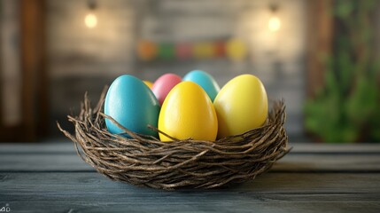 Obraz premium Colorful eggs in a nest as easter decoration against grey planks