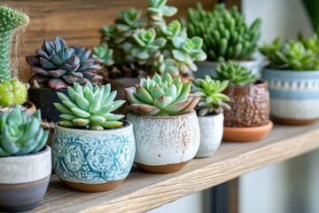 Obraz premium Collection of small succulents in decorative pots on wooden shelf. Generative AI
