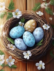 Obraz premium Springtime Easter nest with eggs and flowers over a wood background