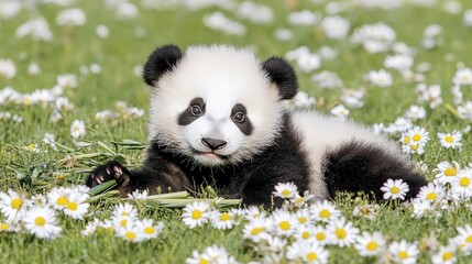 Panda cub playing in daisy field, nature reserve