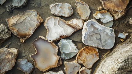 Obraz premium Polished agate stones embedded in cracked earth, displaying intricate patterns and translucent layers. Natural minerals, raw gemstones, geological wonder, earth tones, textured surface. Generative AI