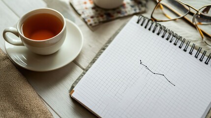 A single-line graph on a paper notebook, with a cup of tea and glasses, on a cozy home desk.