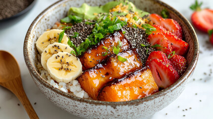 Poke bowl with fruit, avocado, salmon, and chia seeds.