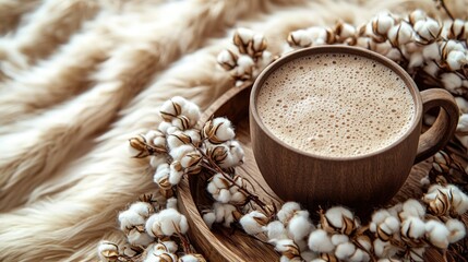 Fototapeta premium Cozy scene featuring a wooden cup of frothy beverage surrounded by cotton flowers