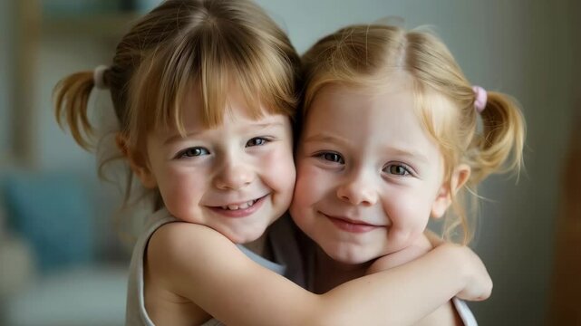 Two cheerful smiling girlfriend hugging in a cozy indoor setting. Hugging kids.