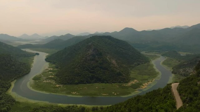 Drone view of Pavlova Strana, the most popular viewpoint of Lake Skadar National Park and the Rijeka Crnojevica River