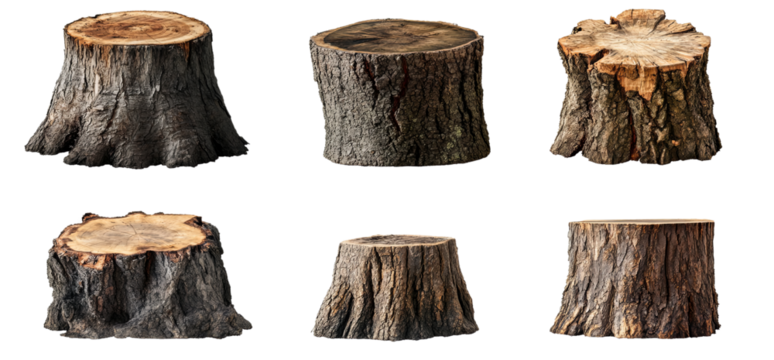 Realistic Tree Stumps Isolated on Transparent Background with Detailed Bark and Wood Texture for Nature and Forestry Design Elements PNG