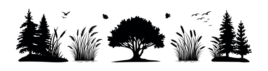 collection of plants river vector silhouette.cattail and reed vector silhouette