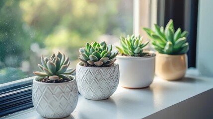A modern home office setup with a clean white desk, potted succulents, and natural light from a large window