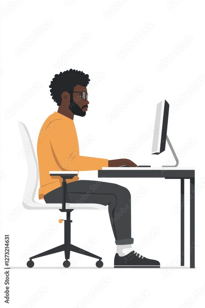 Poster young man working at a desk with a computer in modern office setting