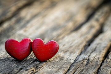 Fototapeta premium Love hearts on wooden texture background, love concept.