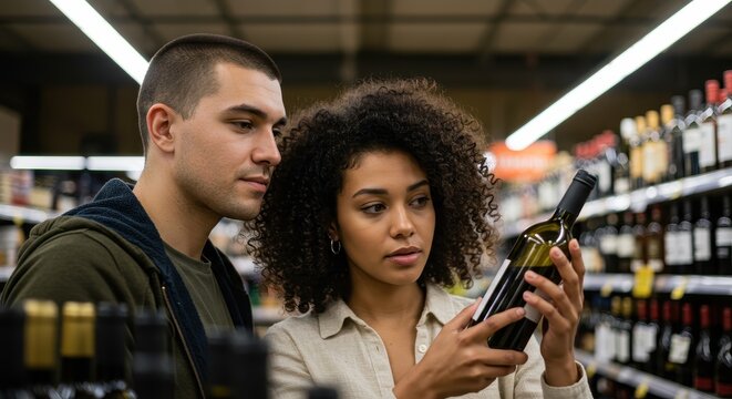 Couple Choosing Wine at Grocery Store