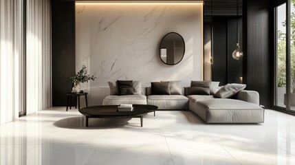 Modern living room, sectional sofa, marble wall, sunlight