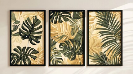 A modern triptych of botanical prints showcasing abstract tropical foliage with monstera leaves and palm fronds in earthy green, beige, and mustard yellow hues, perfect for a boho-inspired space.