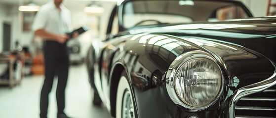 Close-Up of Classic Black Car with Chrome Details in a Retro Garage
