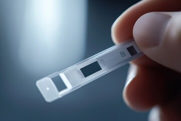 Obraz premium A close-up of a glucose test strip being inserted into a meter. Featuring healthcare and monitoring