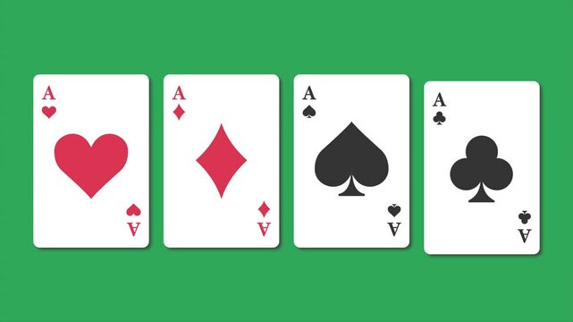 Four playing cards spade clubs hearts set diamonds 2d animation on green screen