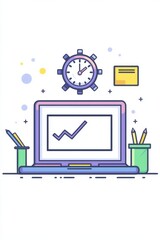 Obraz premium Abstract illustration of productivity tools with a laptop and clock