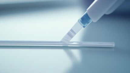 A close-up of a glucose test strip being inserted into a meter. Featuring precision and focus