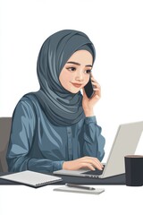 Young woman in hijab working on a laptop while on a phone call