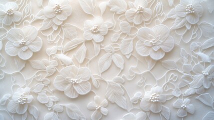 Elegant floral embroidery pattern with ivory flowers and leaves