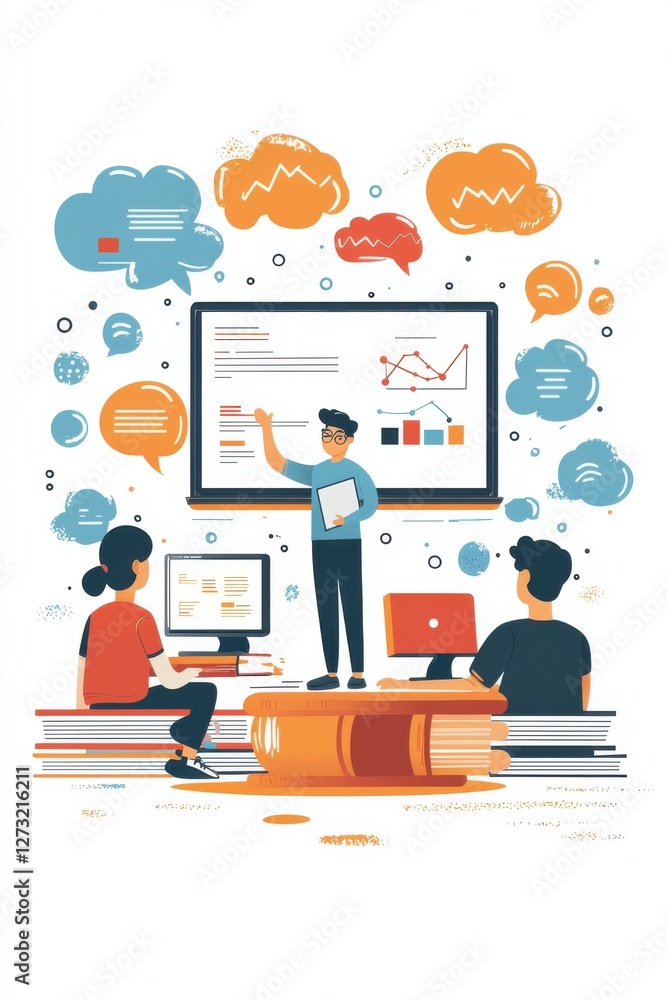 Poster illustration of collaborative learning with technology in an educational setting