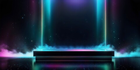 Obraz premium A black podium in a dark space, illuminated by neon lights against a background of vibrant smoke and a blurred gradient background