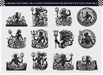 Greek Mythic Sea God Poseidon Silhouette Vector Set