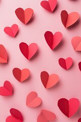 Red heart background, romantic paper cut concept, top view.