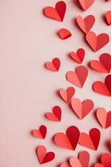 Red heart background, romantic paper cut concept, top view.