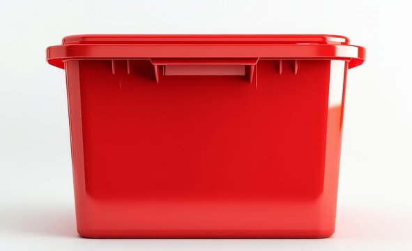 Red plastic storage container with lid, isolated on white background.