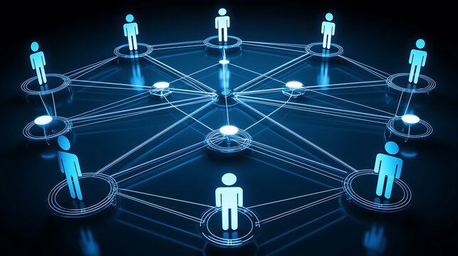 A futuristic business network icon with glowing nodes and lines, representing technology-driven business connections, set against a dark blue background with dynamic light angles, sharp and visionary