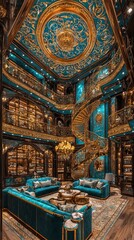 Obraz premium Luxurious interior of a grand library with ornate decor and spiral staircase
