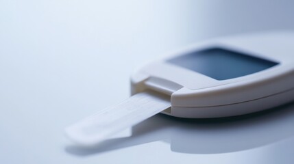 A close-up of a glucose test strip in a glucometer. Featuring health and self-monitoring