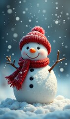 A cheerful snowman in a snowy landscape, perfect for capturing the festive spirit of winter and holiday celebrations.