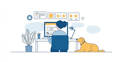 Person working at computer desk with dog and rating interface illustrated