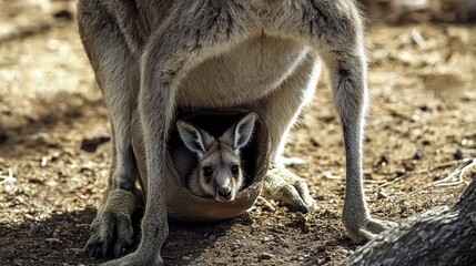 A mother kangaroo with her joey peeking out from her pouch in the Australian outback