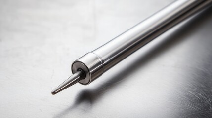 Sleek Silver Metal Rod with Pointed Tip on Polished Surface