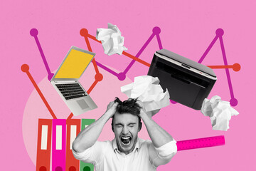 Sketch template design photo collage composite of burnout young man shout printer laptop sheet...