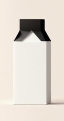 Blank white carton with black top, isolated on beige background.