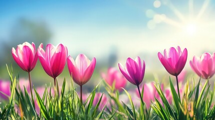 Obraz premium Pink spring flowers on a meadow, blurry sunlight background