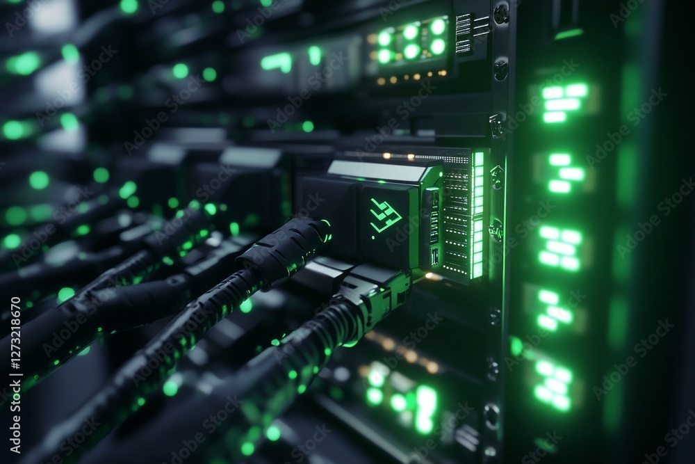 Poster robotic arms connecting to a server rack with glowing green lights, showcasing advanced technology a