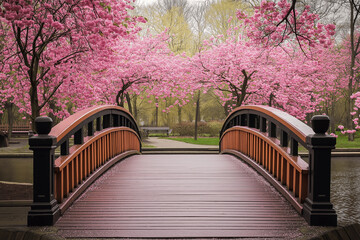 Wooden bridge and cherry blossoms in a park 